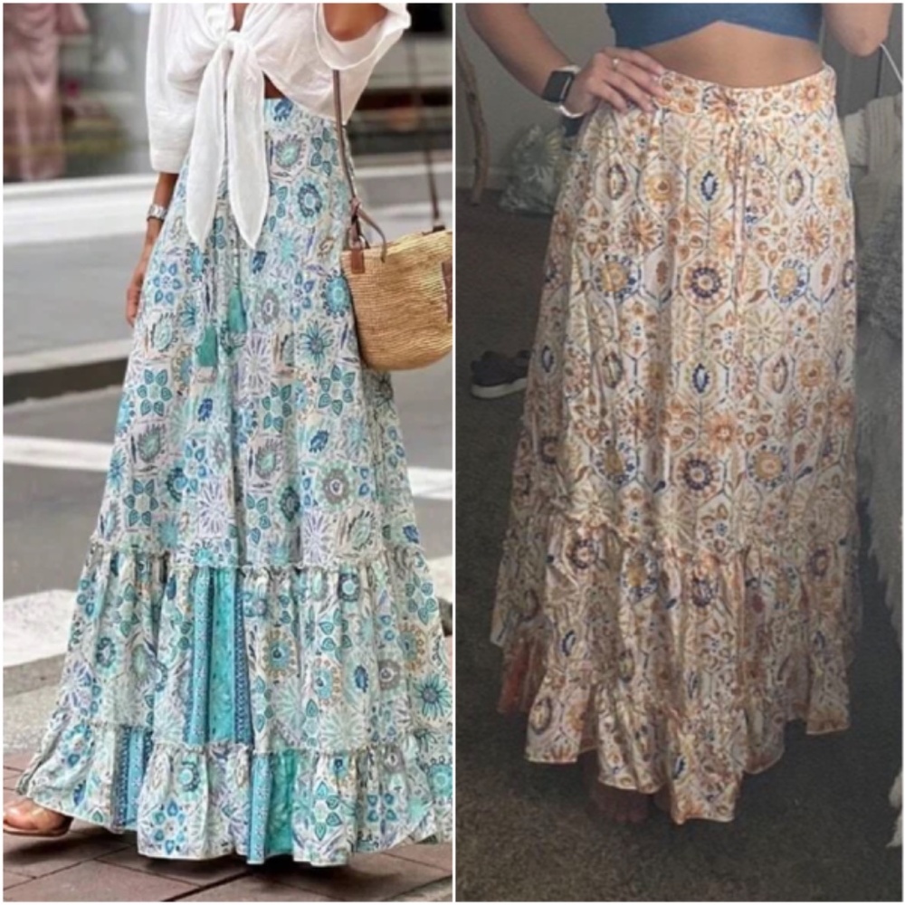 02 Boho Floral Print High Waist Ruffle Hem Maxi Skirt - Picture 2 of 6